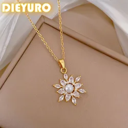 DIEYURO 316L Stainless Steel Pearl Flower Luxury Snowflake Pendant Necklace For Womens New Fashion Clavicle Chain Jewelry Gift