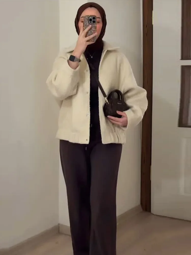 Vintage Lamb Thicken Women's Coat Elegant Laple Full Sleeve Female Short Jackets 2025 Autumn Winter Fashion New Lady Outwears