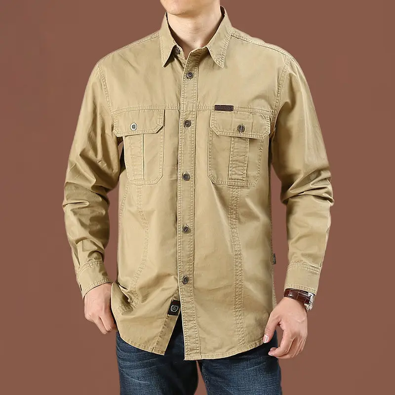 Outdoor Large Size Pocket Long Sleeve Shirt Coat Spring Autumn Business Casual Loose Men Chic Solid Color All-match Shirt Jacket