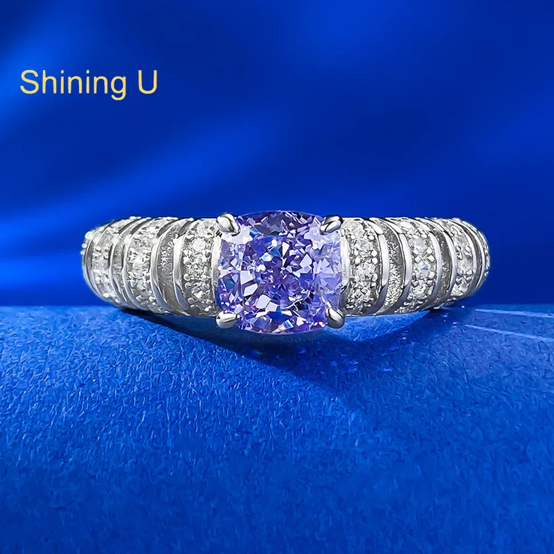 

Shining U 6*6mm Purple High Carbon Diamond 925 Sterling Silver Ring for Women Daily Fine Jewelry