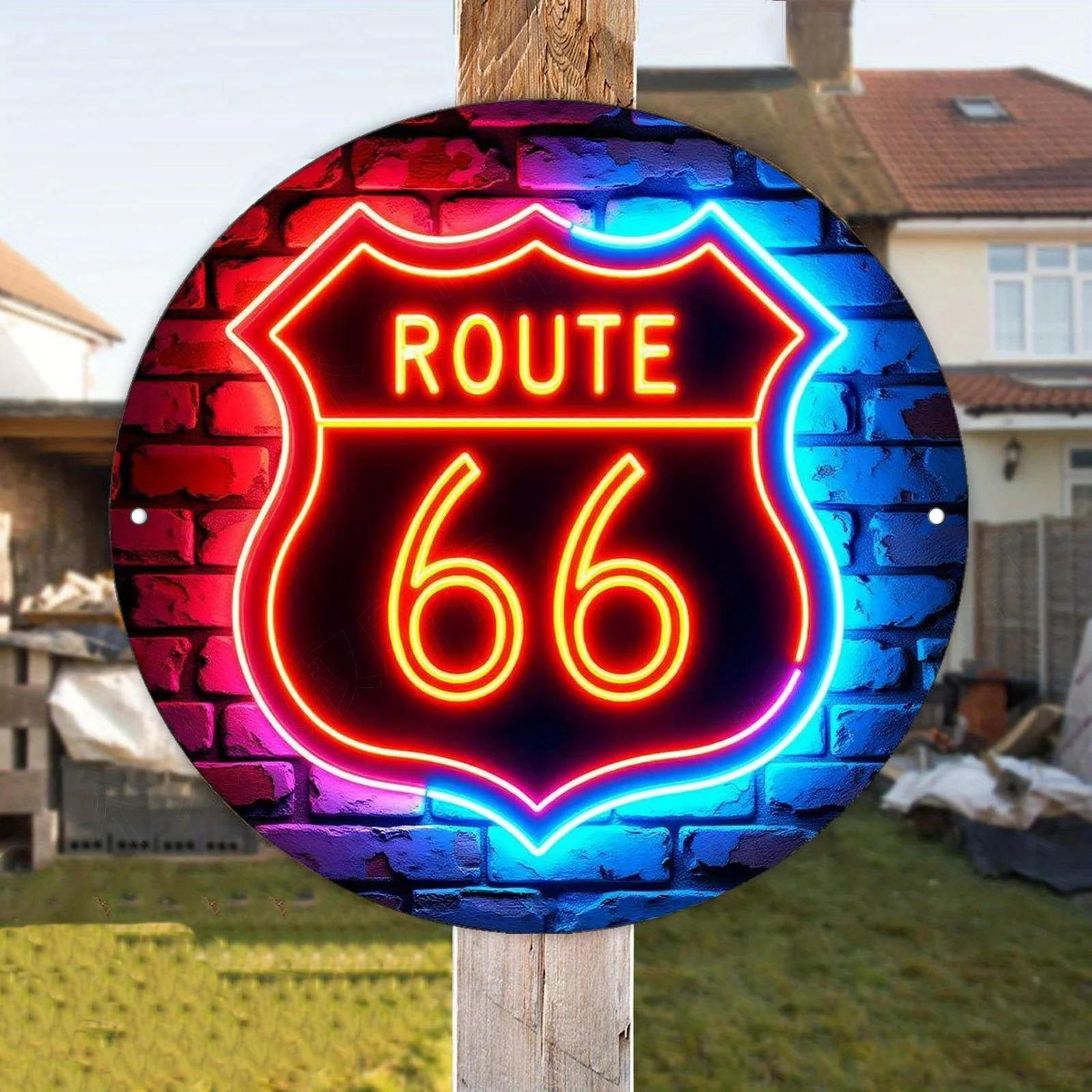 Vintage Route 66, Neonschild, Wandkunst für Garage, Bar, Retro-Americana-Dekor aus Metall mit blau-rotem Licht