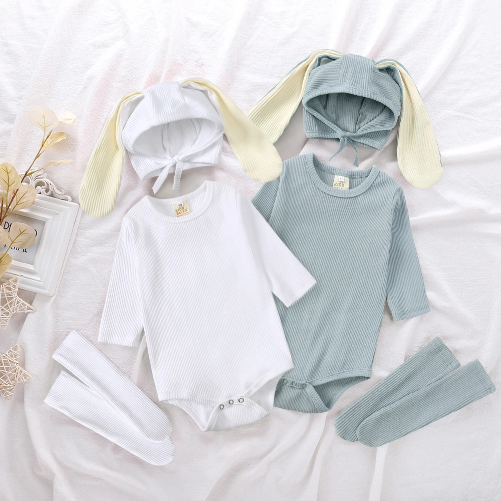 2026 Neugeborenen Baby Kaninchen Strampler Kleidung 3 Stücke Solide Ohr Hut Body Socken Casual Bunny Kostüm 0-24 M Junge mädchen Outfits – Detail 2