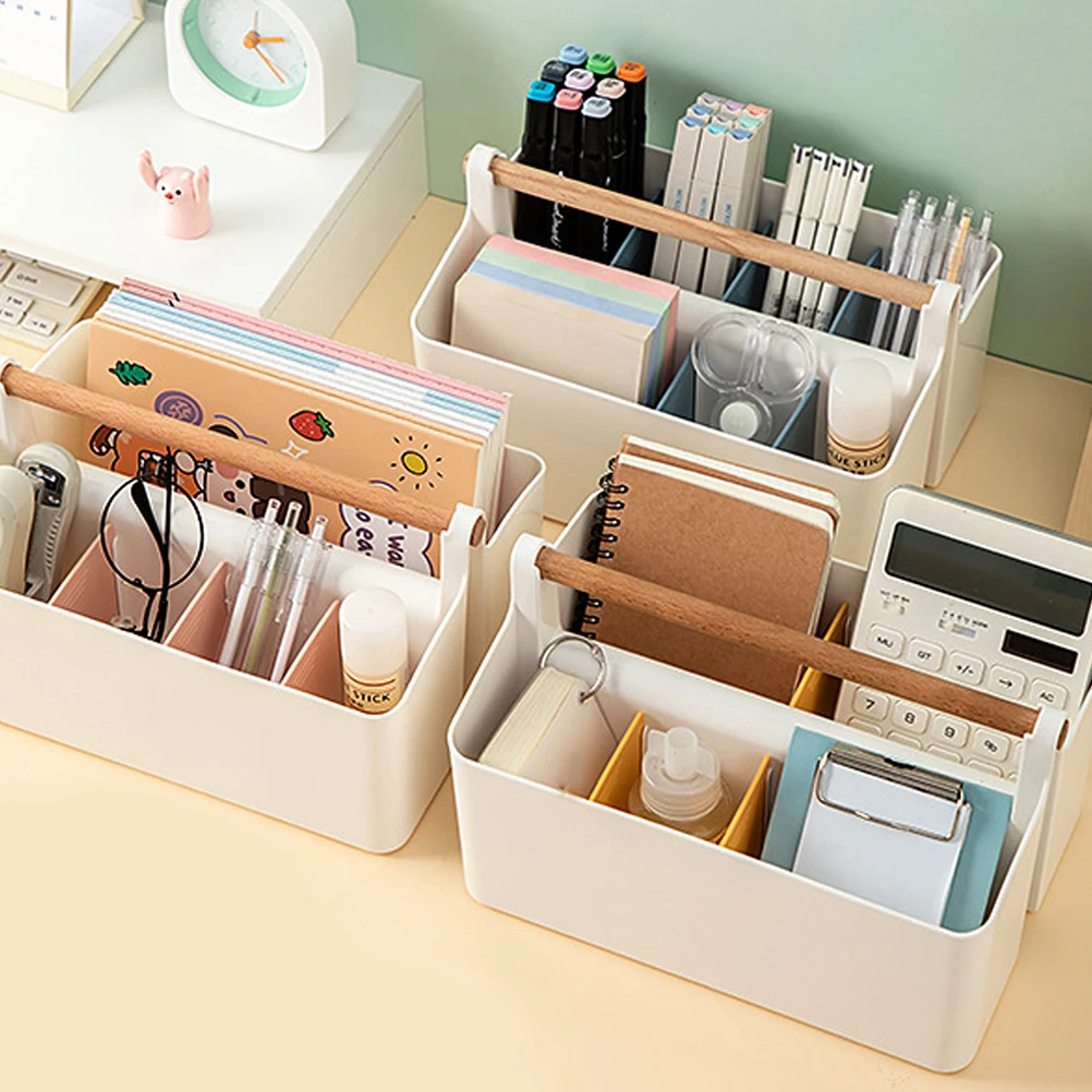 

Portable Storage Box 4-Grid Desktop Organizer For Office School Supplies Marker Pens Crayons Plastic Sundries Holder Home Table