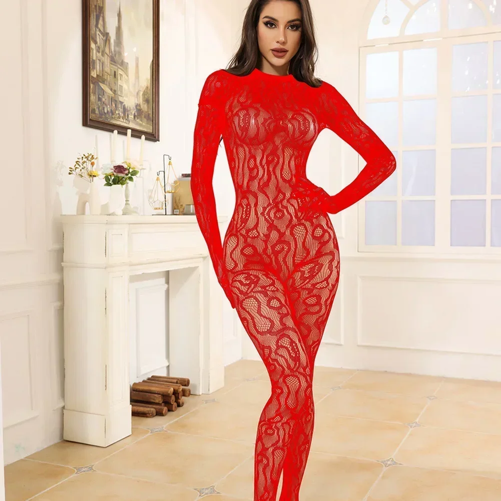 Women Sexy Mesh Jacquard Hollow Out Lingerie Long Sleeve Fishnet Top Stocking Bodysuit Glove Underwear Erotic Female Bodysuits