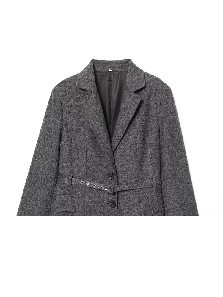 HH Women 2 Piece Set Long Sleeved Lapel Single-breasted Pockets Belt Decorate Loose Blazer Suit+Fashion Casual Zipper Long Pants