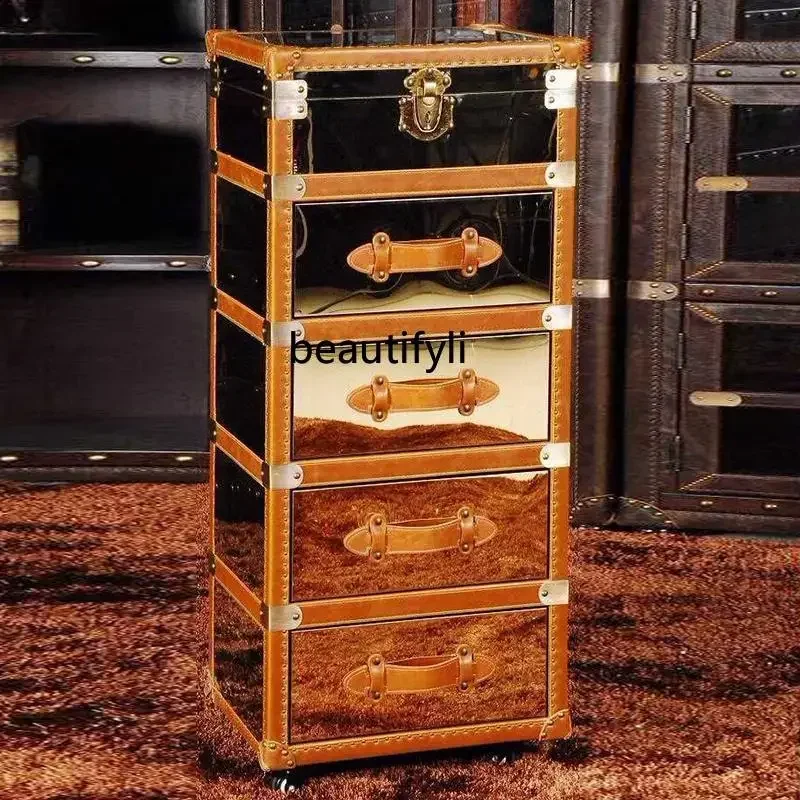 

American retro style mirror stainless steel bucket cabinet gold jewelry cabinet antique style high cabinet against the wall