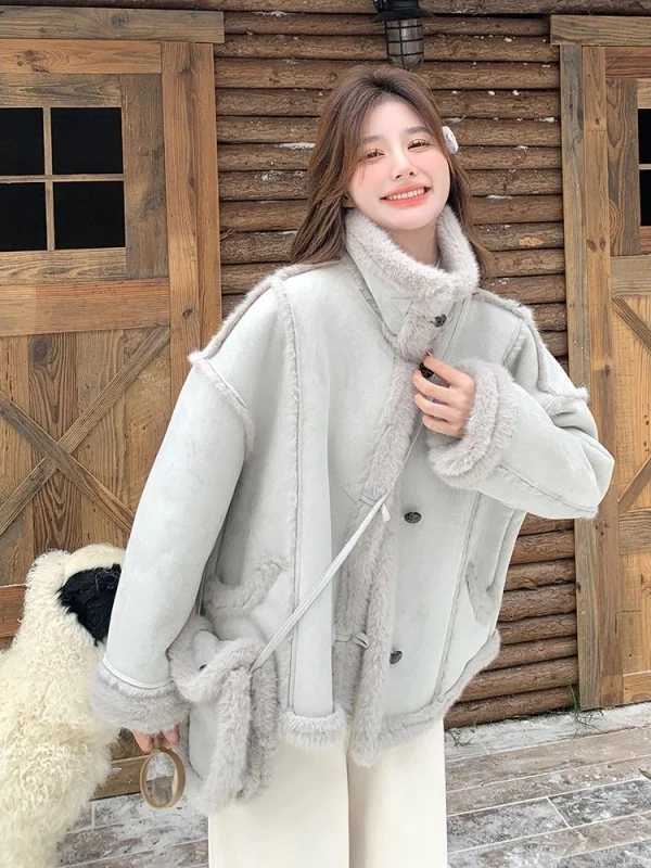 ey Blue Lamb Fur Jaet Women's Winter New Lazy Sle Suede Cotton Coat ort Length Inteated Leather And Fur Coat