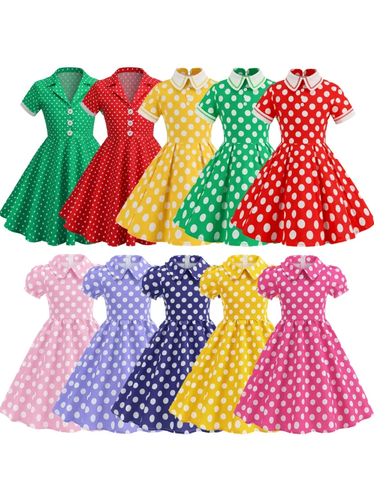 Doce colorido menina retro vintage 1980s saia grande bolinhas manga inchada moda bonito princesa crianças desempenho doce vestido