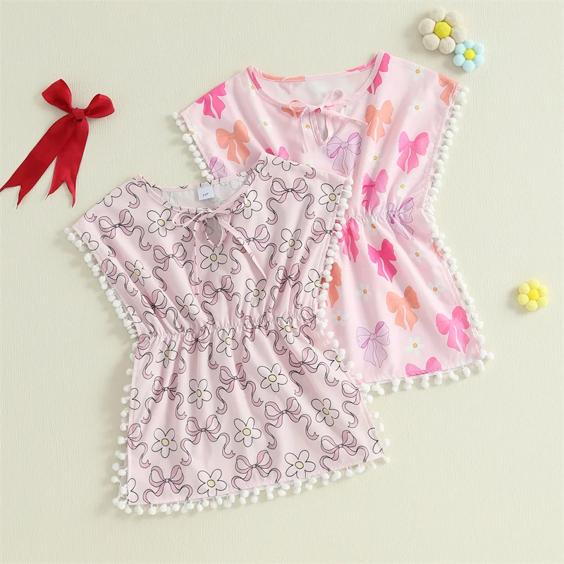 

Детские бикини Cathery для маленьких девочек, накидки с бантом и принтом, без рукавов, с завязками спереди, с круглым вырезом, пляжная одежда для лета, купальники, От 1 до 6 лет