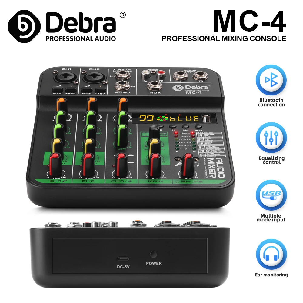 

Debra MC4 4-Channel Mixer, 99 DSP Reverb Effects, Bluetooth 5.0, 48V Phantom Power, for PC Live Streaming and Personal Recording