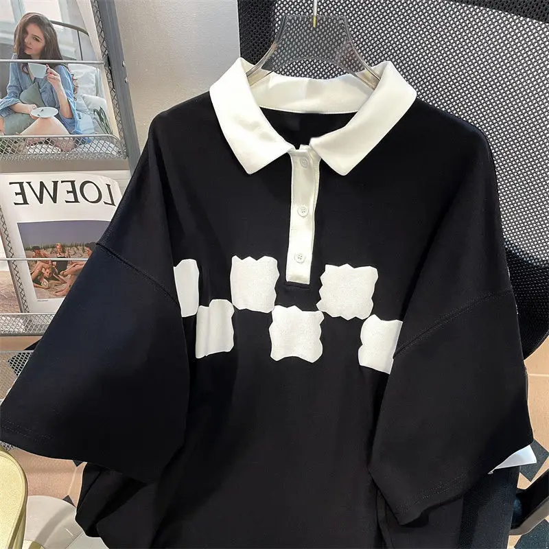 Black and white plaid polo shirt female summer loose lazy wind contrast Joker casual short-sleeved T-shirt top