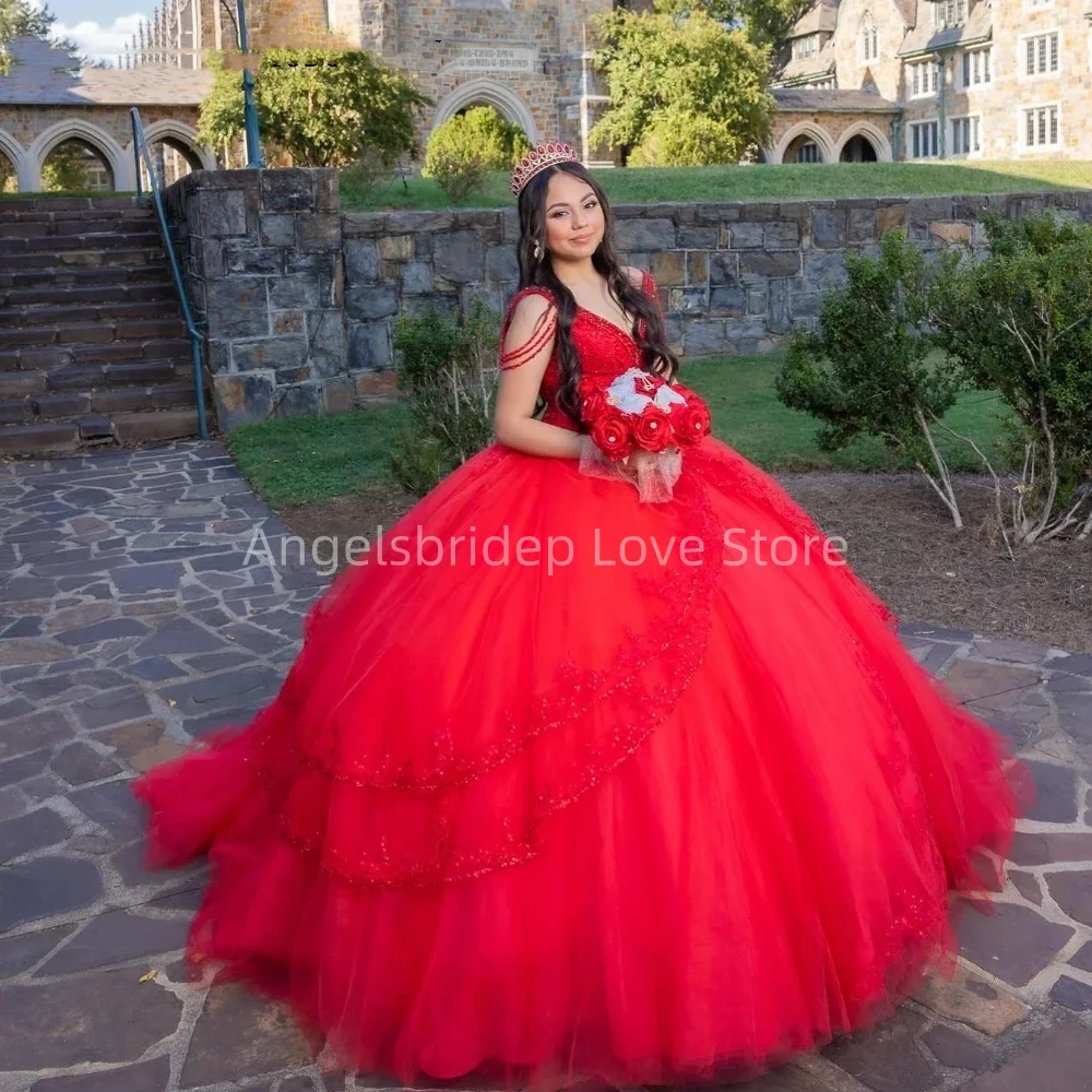 Angelsbridep Customized Red Ball Gown Quinnceanera Dresses  For 15 Years Lace Appliques Off Shoulder Party Vestidos De Fiesta