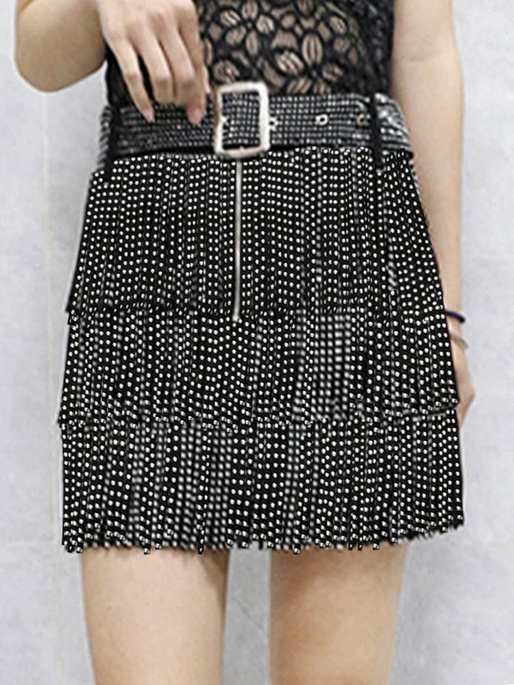 Tassel Trim Heavy Embellished Belt Multi-Layer Cake Skirt A-Line  Skirt Diamond Embossed High Waist Design Cotton Blend