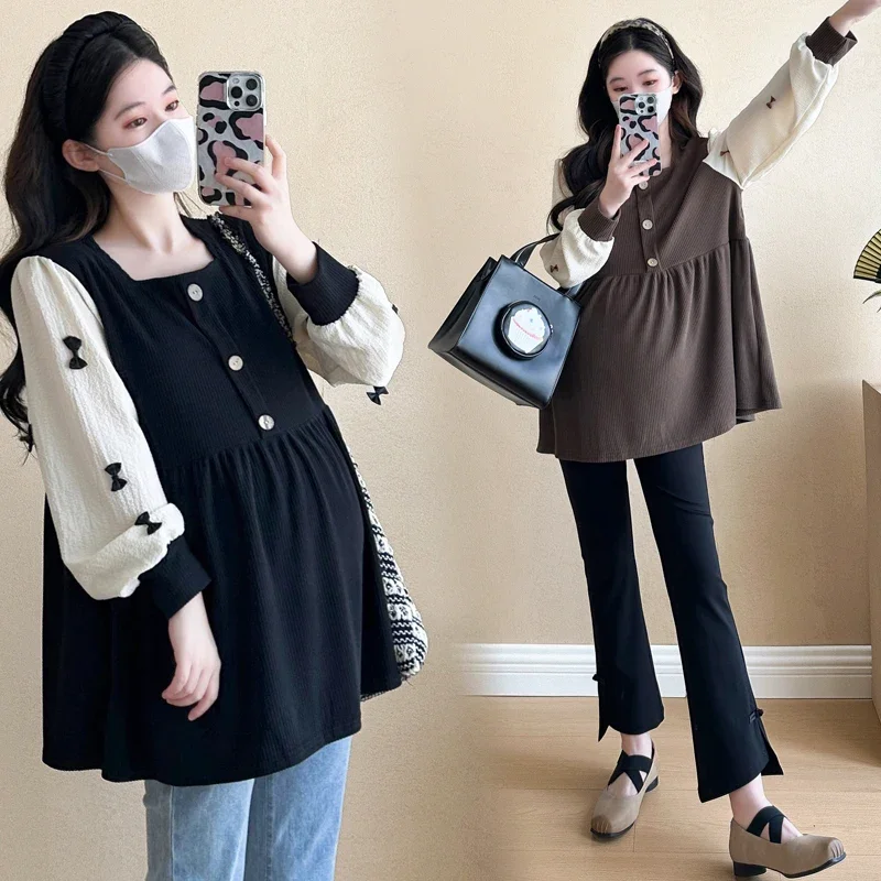 A Line Loose Blouse for Pregnant Women Patchwork Pregnancy Tops 2025 Autumn Winter Sweet Fashion Shirts for Maternity Elegant