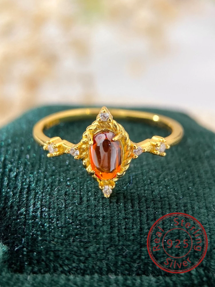 

925 Sterling Silver Golden Vintage Palace Colored Red Zircon Ring For Women Anniversary Wedding Daily Wear Luxury Fine Jewelry