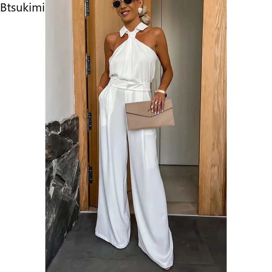 2024 frauen Elegante Overalls Mode Ärmellose Hohe Taille Halter One Piece Breite Bein Hosen Sommer Casual Urlaub Strampler Femme