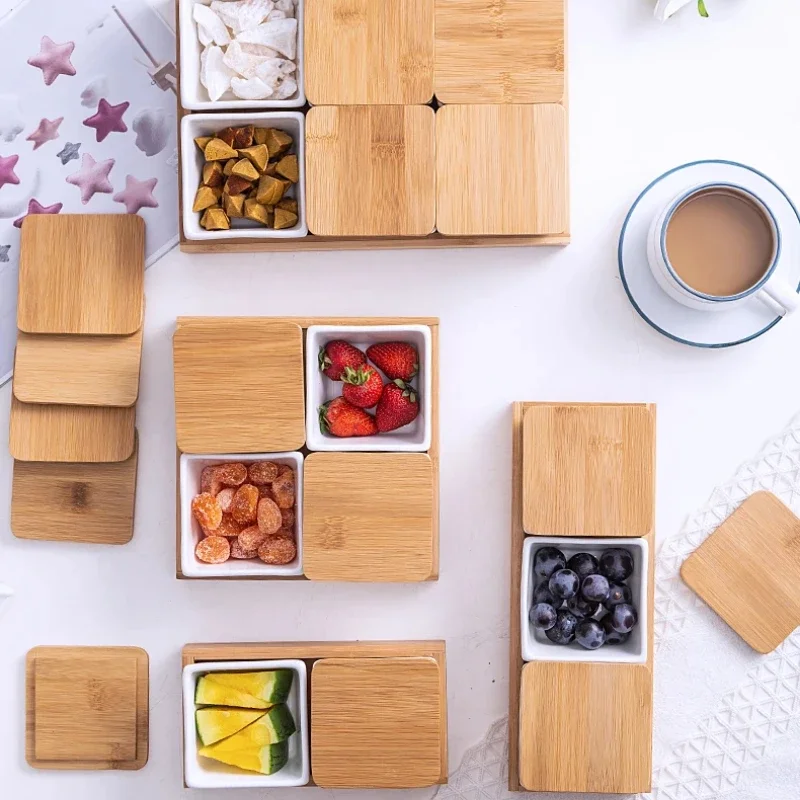 Plato de madera para aperitivos, cuenco Dim Sum de cerámica blanca, plato para ensalada de frutas secas para postres caseros, juego de servicio de inspiración asiática