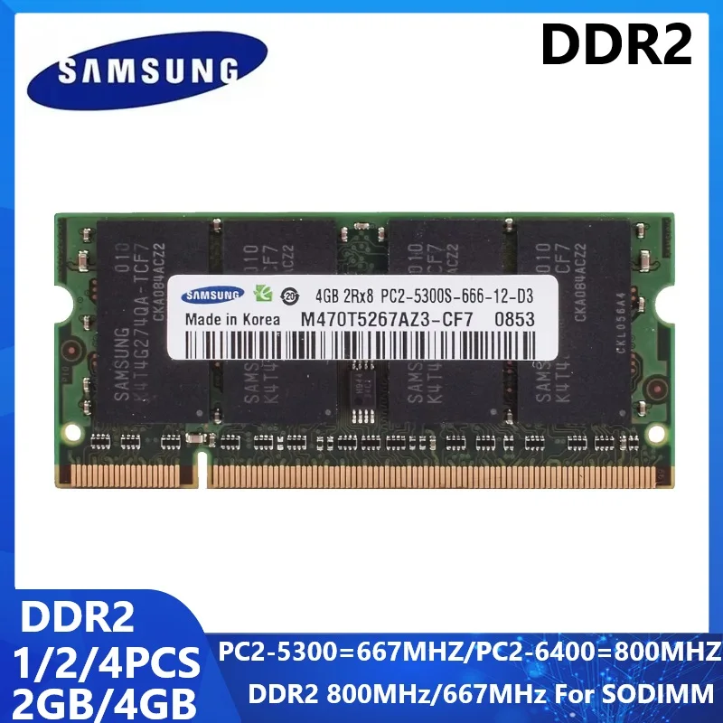 SAMSUNG Laptop Memory RAM DDR2 SODIMM Non ECC Unbuffered Memoria 2GB 4GB PC2-5300S 667Mhz PC2-6400S 800MHz 1.8V CL5 For Notebook