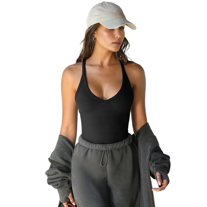 Hot Kf-Camisetas sin mangas de entrenamiento para mujer con cuello en V y espalda cruzada para salir Crop 2025 Top de moda camisola acanalada sin mangas de verano