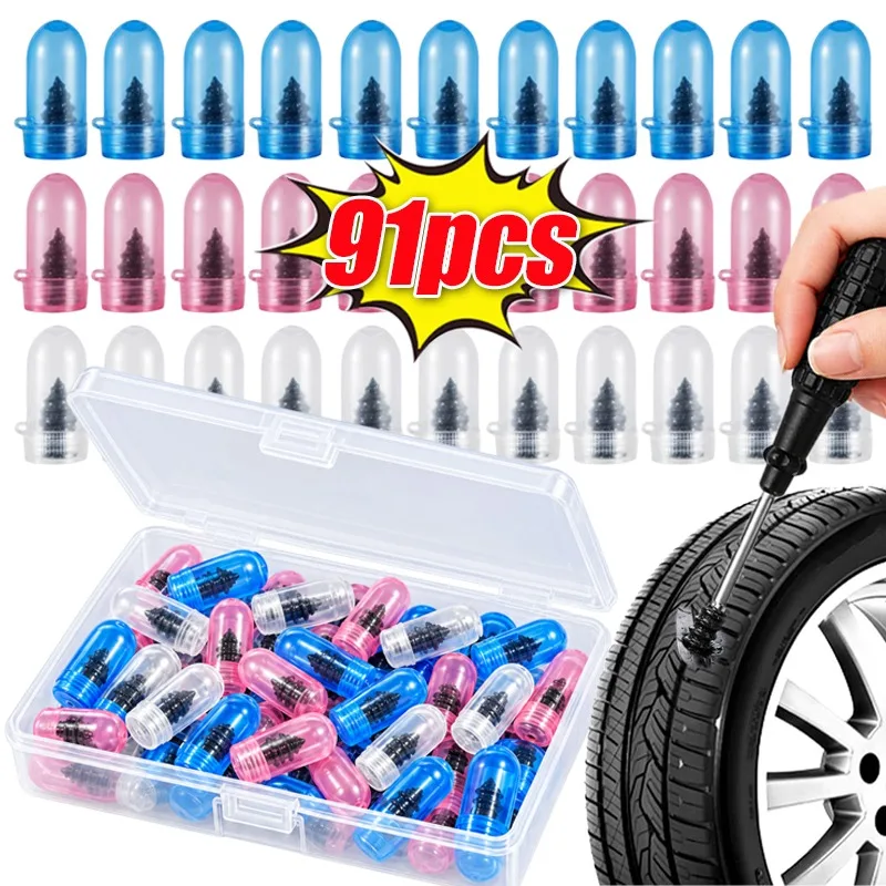 Set da 91 pezzi per la riparazione di pneumatici auto, kit universale con chiodi in gomma per la riparazione di pneumatici di auto e moto, completo di cacciavite, custodia per la conservazione e