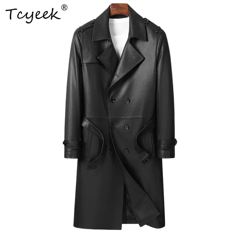 

Tcyeek из овчины, весна-осень, элитный модный костюм с воротником, черная мужская куртка средней длины из натуральной кожи Jaquetas Masculino