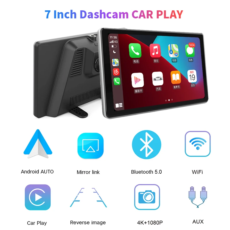 7 inch Apple CarPlay Bluetooth Android Auto Car DVR Dual Cameras recording 4K+1080P WiFi mirror link Multimedia Video Player