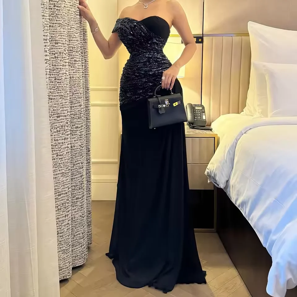 فستان رسمي أسود مخصص للحفلات الراقصة بكتف واحد مطوي ترتر حورية البحر رداء De Soirée فساتين سهرة نسائية فاخرة 2026 #1