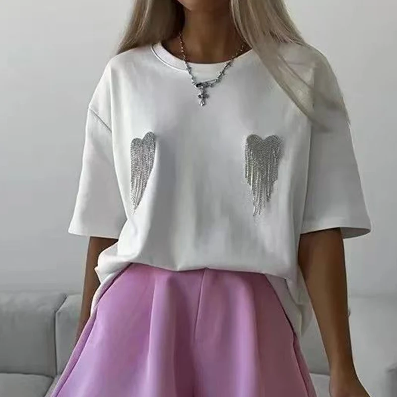 High Quality Cotton Summer Heavy Love Hot Drill Harajuku Oversized T Shirt Women Short Sleeve Diamond American Fashion Loose Top