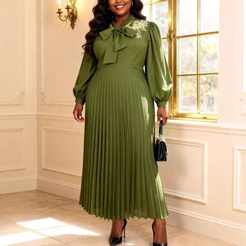 L-4XL Plus Size Dashiki African Dresses for Women Elegant Spring 2026 Long Sleeve V-neck Polyester Pleated Long Maxi Dresses