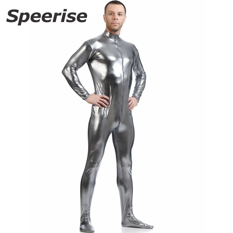 Men Gold Shiny Zentai Suit Adults Mock Neck Long Sleeve Unitard One Piece Wet Look Footed Shiny Dance Catsuit Zip Halloween Male