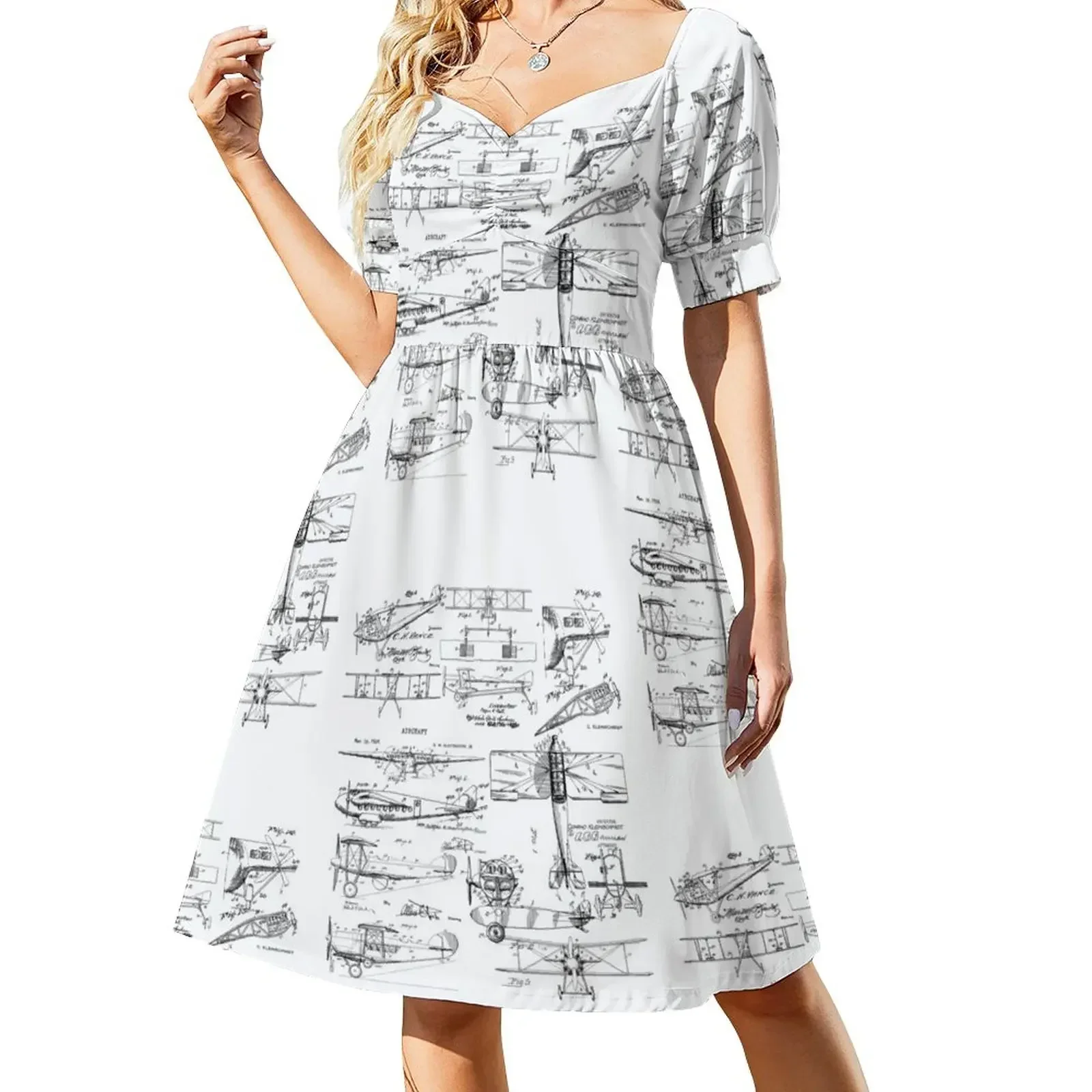 Aviation Biplane Blueprint Drawing Gift for Pilots Short-Sleeved Dress Dress women party dresses women fairy dress