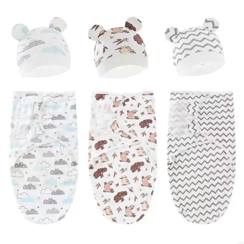 D5QA Swaddling Blanket & Beanie Hat for Infant Baby Sleep Sack Newborn Shower Gift