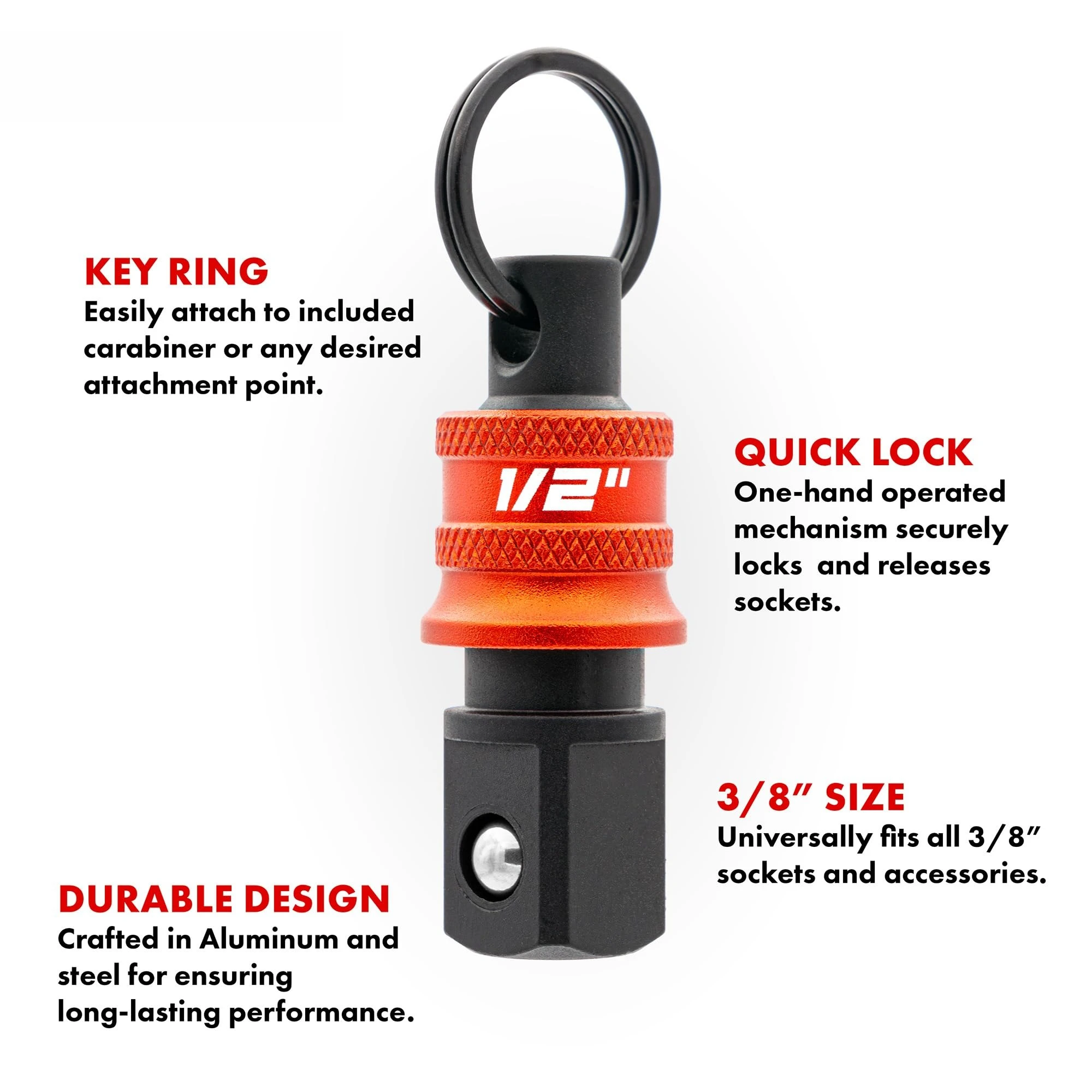 6Pcs Keychain Socket Adapter Set Aluminum Alloy 1/2 3/8 Square Head Quick Change Conversion Rod with Carabiner Clip