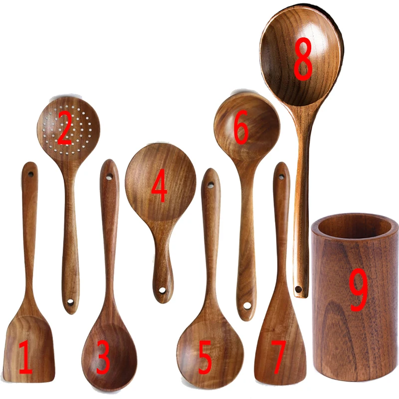 Thailand Teak Natural Wood Tableware Spoon Rice Colander Soup Skimmer Cooking Soup Spoons Chopsticks holder Scoop Kitchen Set