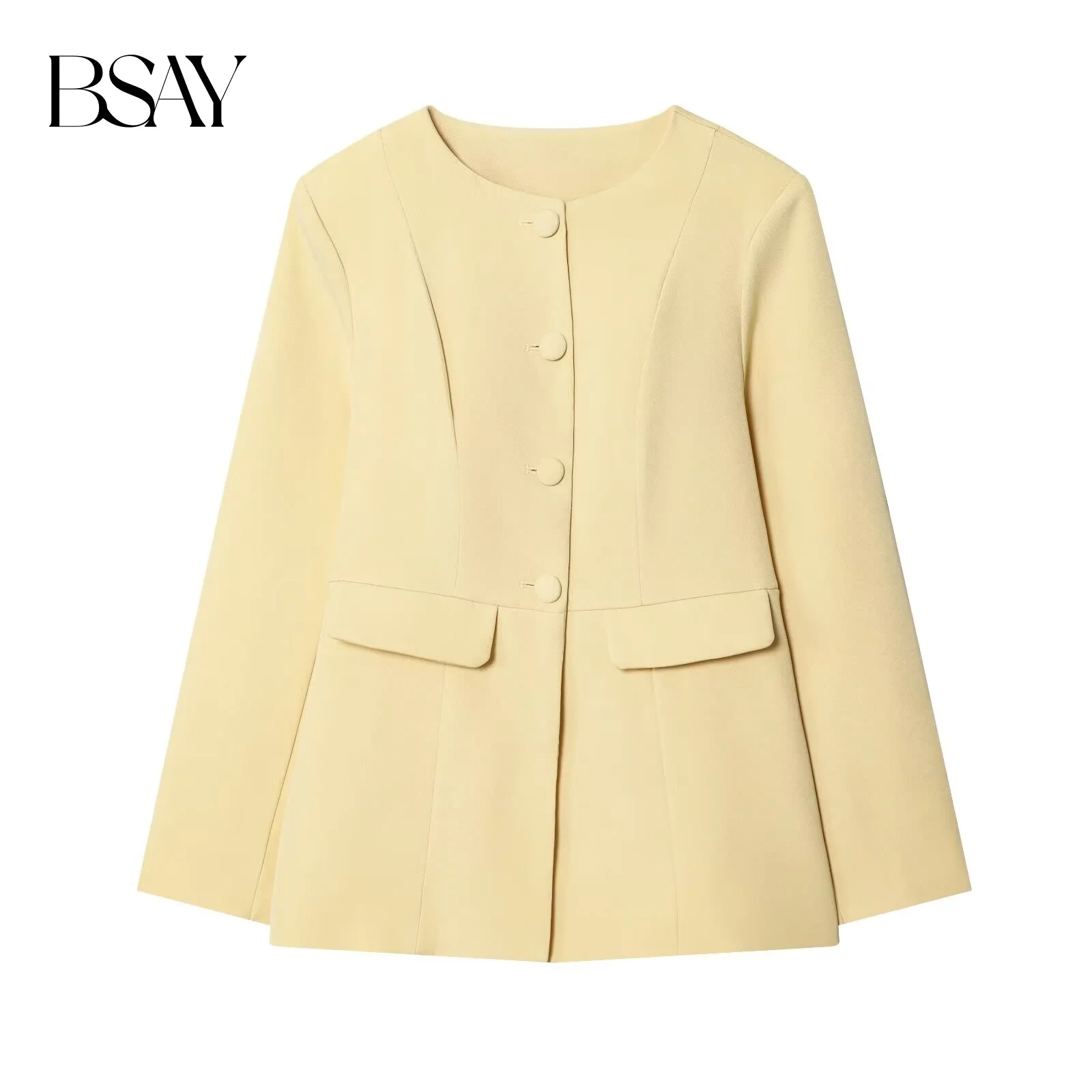 

BSAY, осенняя новинка 2025, женская одежда в минималистском стиле, однобортный, с круглым вырезом, с длинными рукавами, с откидным карманом, облегающий пиджак