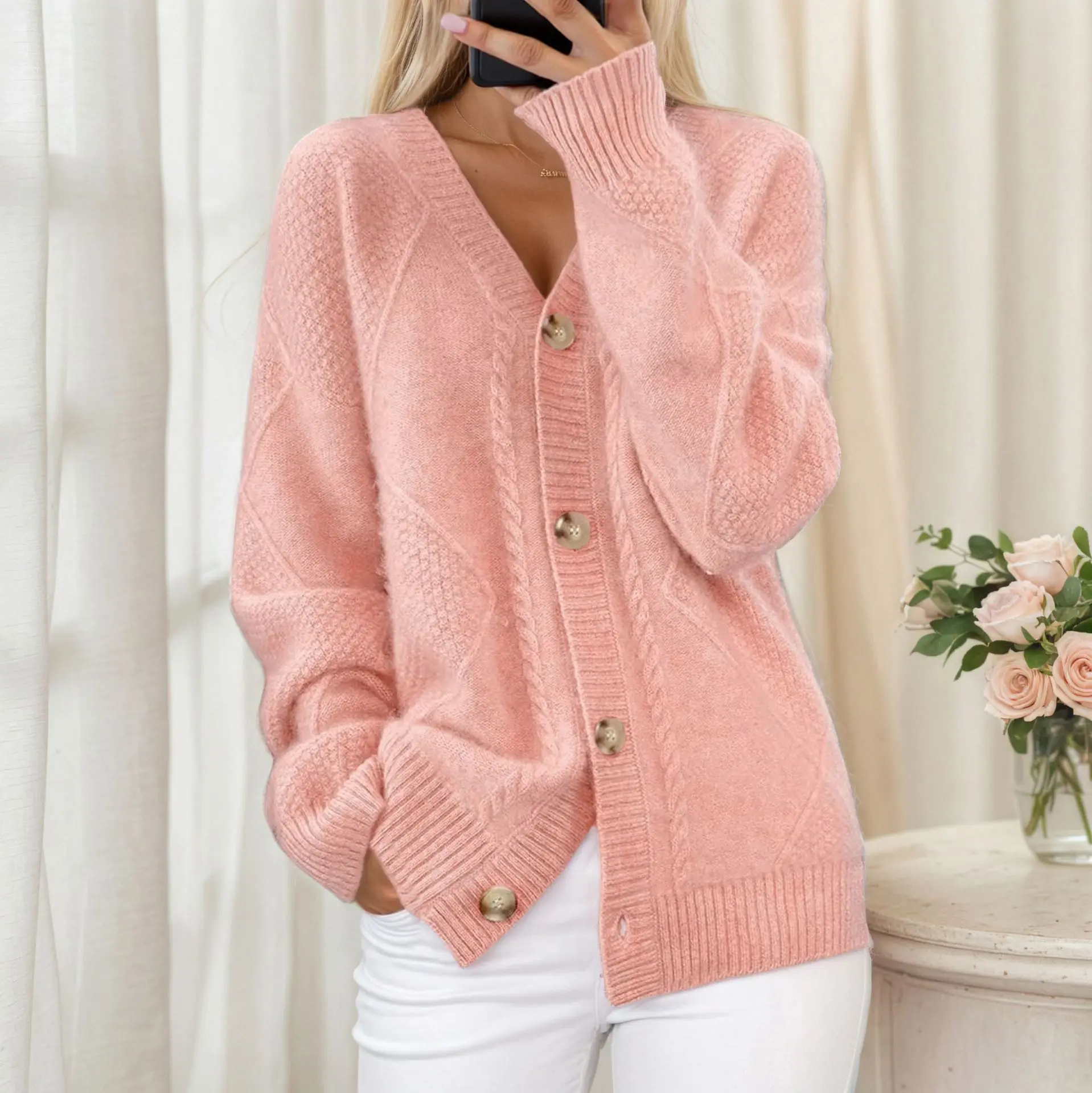Fall Winter Ladies Thick Warm V-Neck Cardigan Sweater Jacket Loose Casual Female Women Knitted Brocade Sweater Outwear Coats
