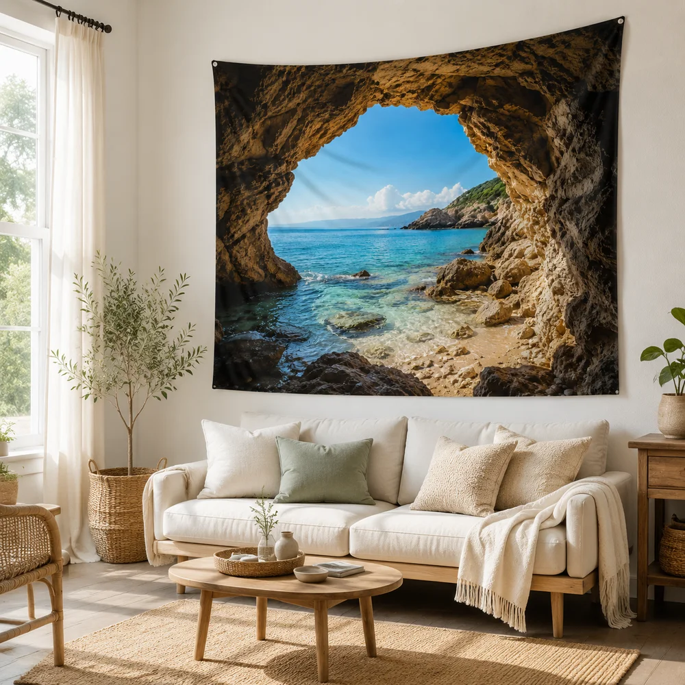 Green Mossy Forest Tapestry, Enchanted Sunlight Tree Wall Art for Bedroom & Living Room