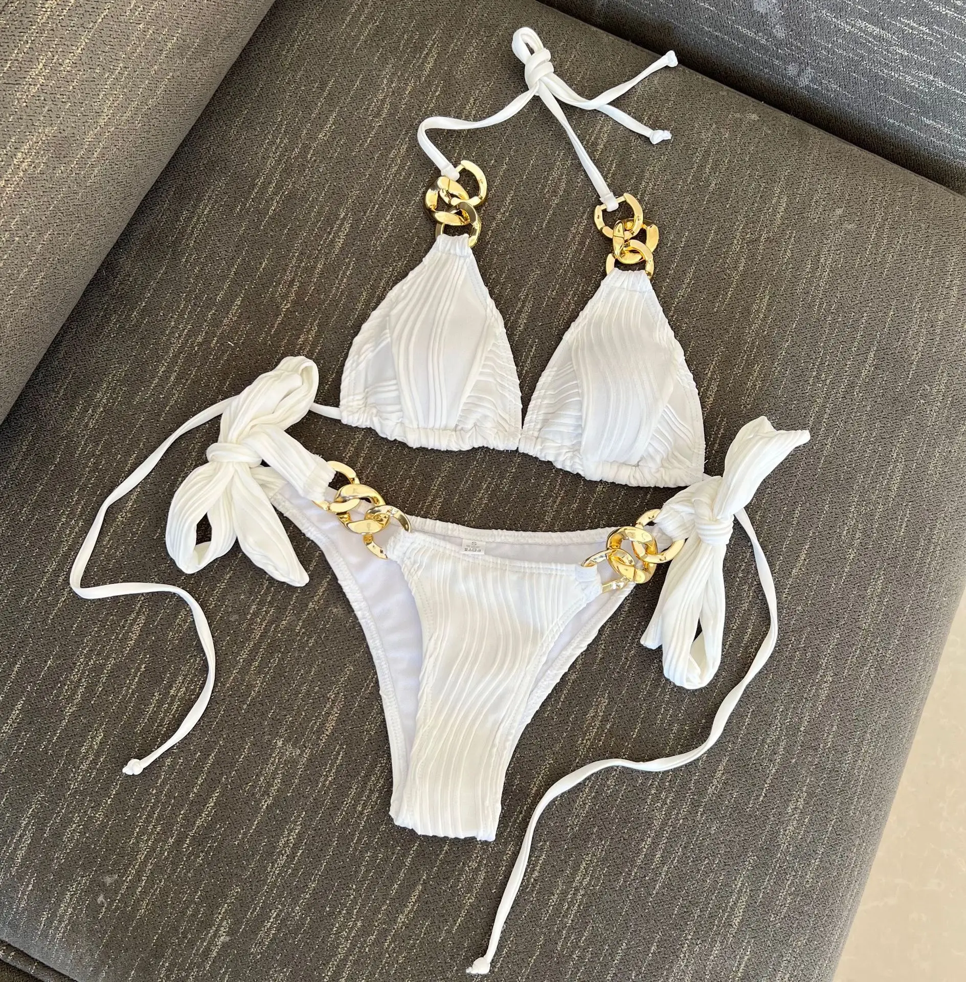 Metal Rings Halter Wrinkled Bikini Women Solid Swimwear Female Swimsuit Two-pieces Bikini Set Bather Bathing Suit Swim Lady