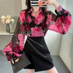 2024 Spring Summer New Women's Chiffon Blouses Thin Polo Collar Printed Button Fashion Elegant Chic Loose Long Sleeve Shirt Tops