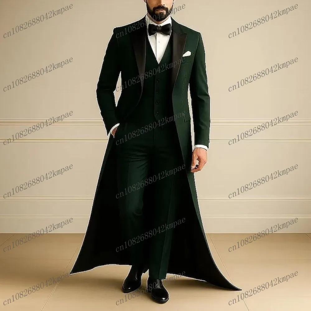 

Черный воротник Темно-зеленый длинный пиджак Деловой деловой мужской костюм Жених Свадебная вечеринка Выпускной Мужской смокинг 3-х предметный комплект Блейзер Жилет Брюки
