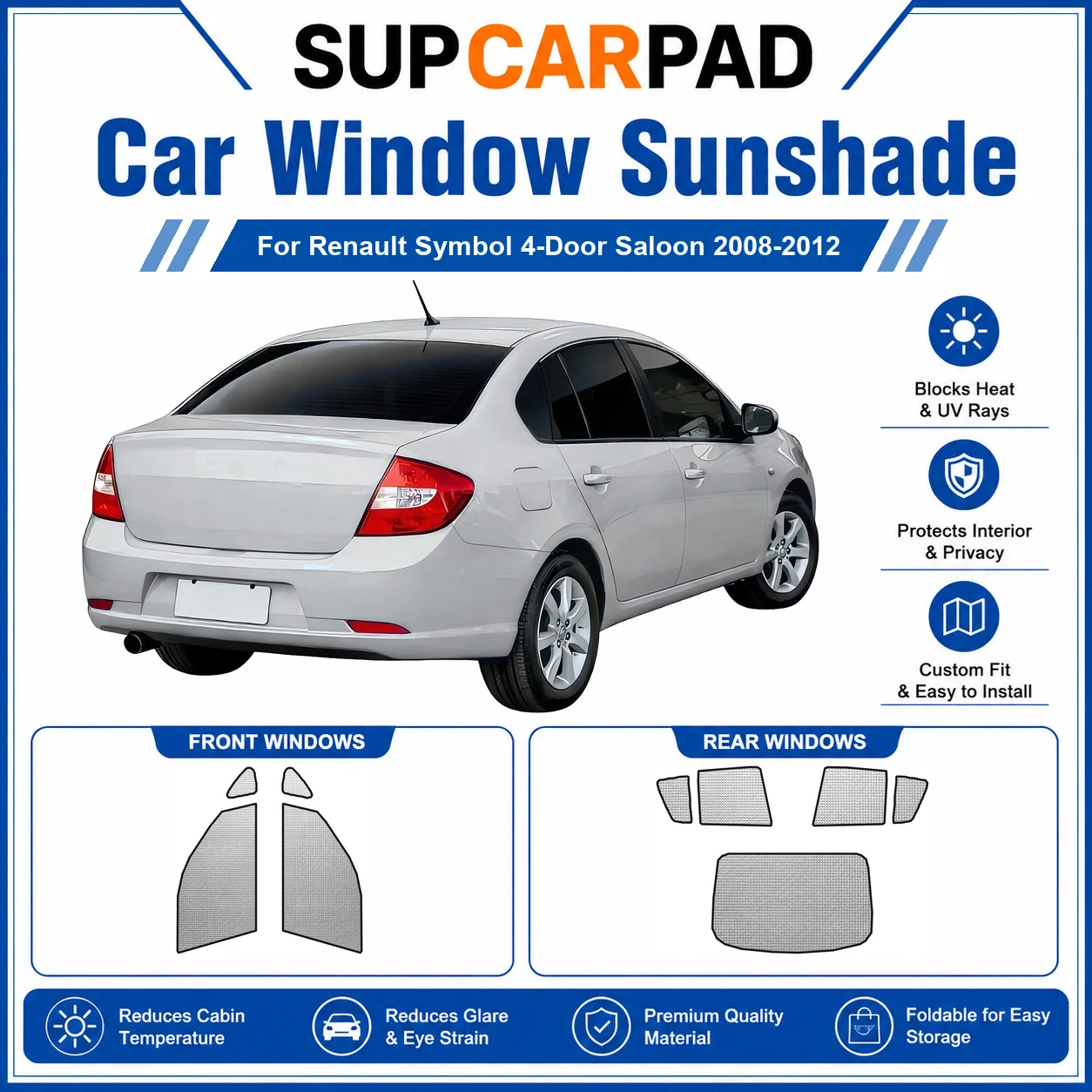 For Renault - Renault Symbol 4-Door Saloon 2008-2012 Full Set Car Window Sunshades UV Block Privacy Heat Insulated Foldable Car
