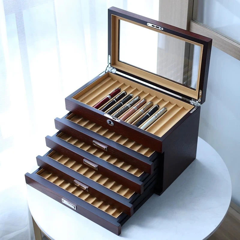 Wooden high-grade pen box storage display case Large capacity famous pen collection box Flannel lined with 60 display boxes