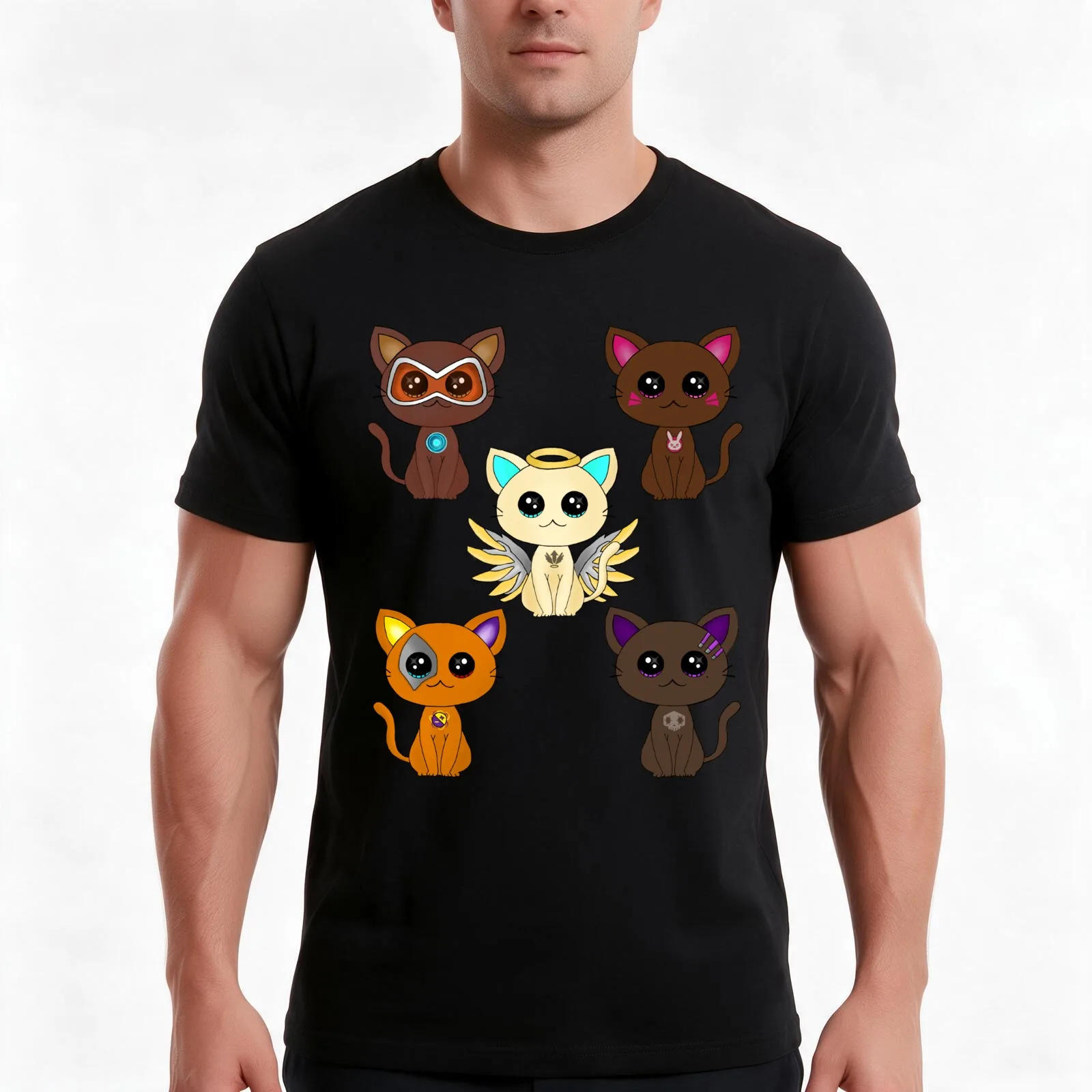 Cute Overwatch Gaming Cats T-Shirt, Summer Casual Cotton Tee, Oversized Streetwear Tops, Vintage Graphic Print, Unisex Men Women