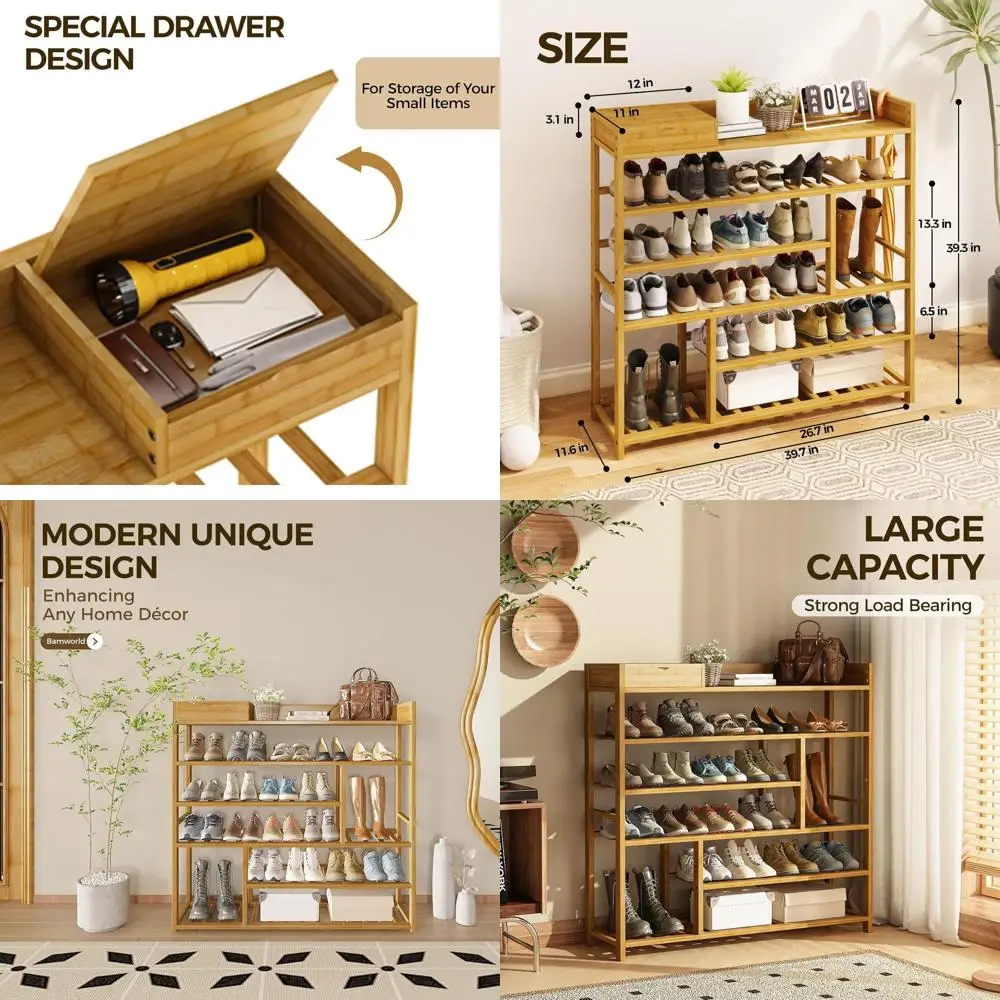 

Natural Bamboo Shoe Rack with Storage Box for Entryway, Closet, and Doorway