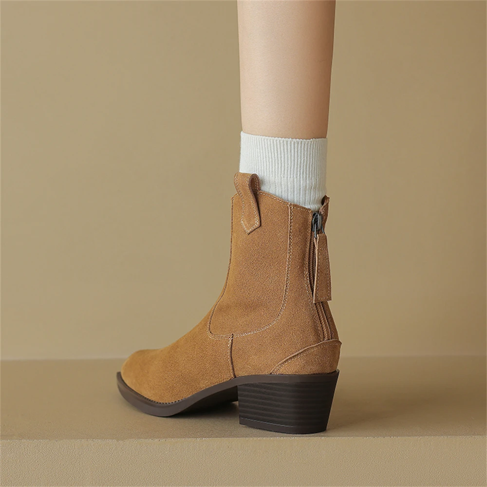 FEDONAS Autumn Winter Classic Chelsea Boots for Woman Cow Suede Thick Heel Ankle Boots Simple Comfortable Cowboy Boots