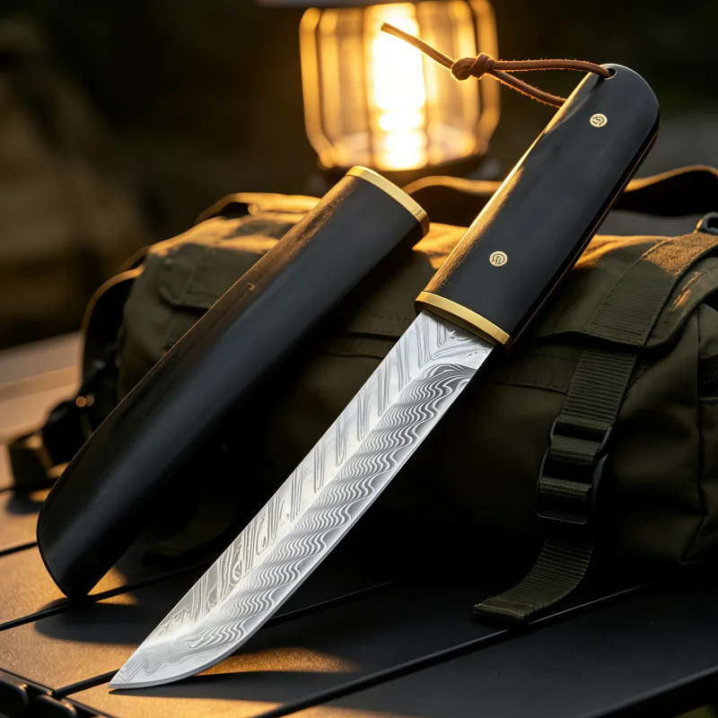 Damascus Pattern Fixed Blade Collectible Knife, Natural Wood Handle Hand Craft Tool with Wood Sheath, Gift Box Package for Colle