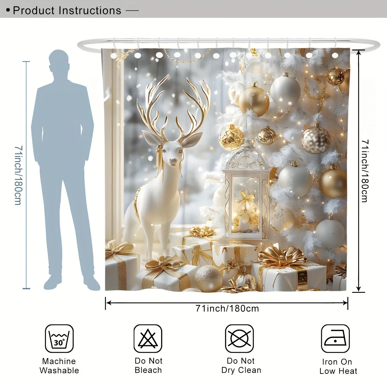 4Pcs White Deer Ball Shower Curtain Set,with Hook Non-Slip U-Shaped Toilet Seat Cover,Bathroom Accessories, Christmas Decoration