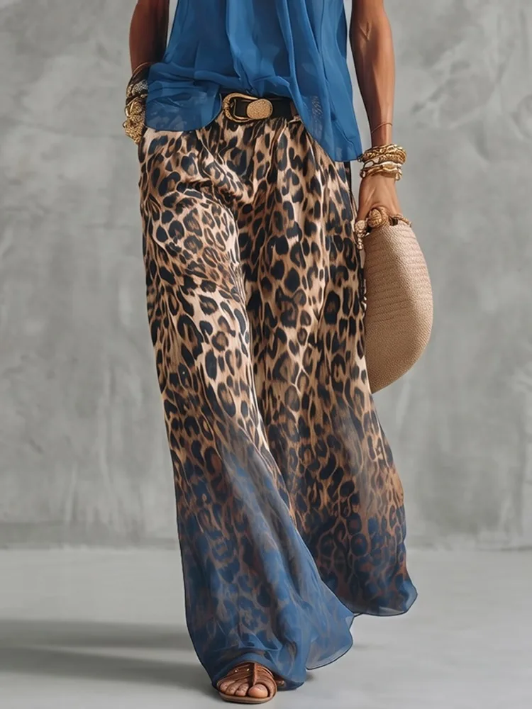 Yeezzi Women's Fashion Gradient Leopard Printed Wide Leg Pants 2026 Summer Casual Loose High Waisted Palazzo Trousers Bottoms