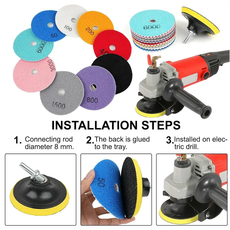 

AEE3-11 Packs 4 Inch Diamond Concrete Polishing Kit, 50-6000 Grit Wet/Dry Diamond Polishing Pad With Wool Disc, For Marble