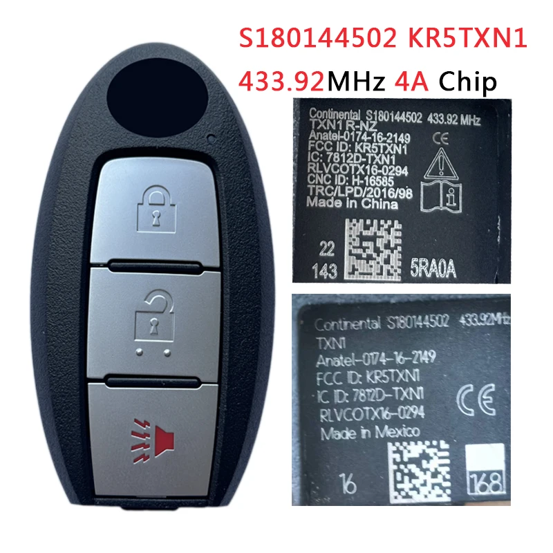 TXK027071 285E3-5RA0A For Nissan Kicks 2018-2020 Smart Remote Car Key 2+1 Button 433.92MHz 4A Chip S180144502 FCC ID KR5TXN1